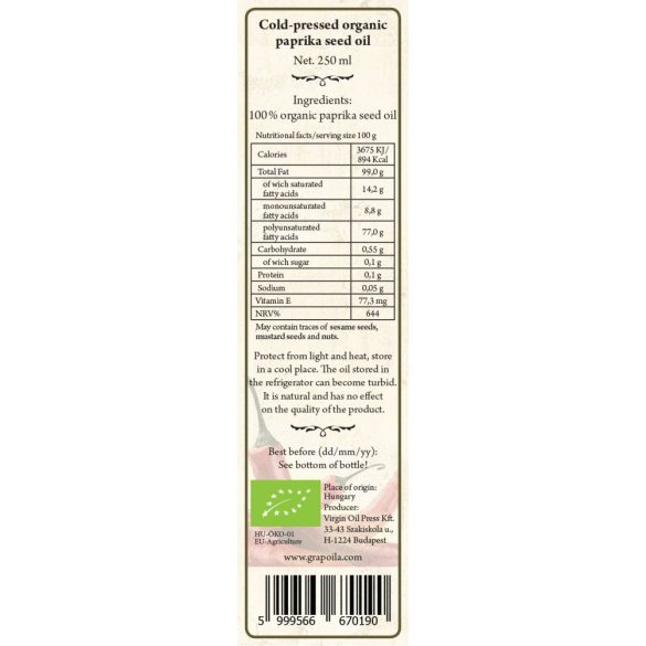 Bio Paprikakernöl - Grapoila - 250 ml